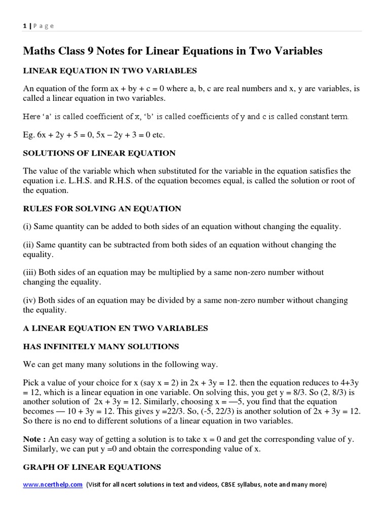 Maths Class 9 Notes For Linear Equations in Two Variables PDF | PDF ...