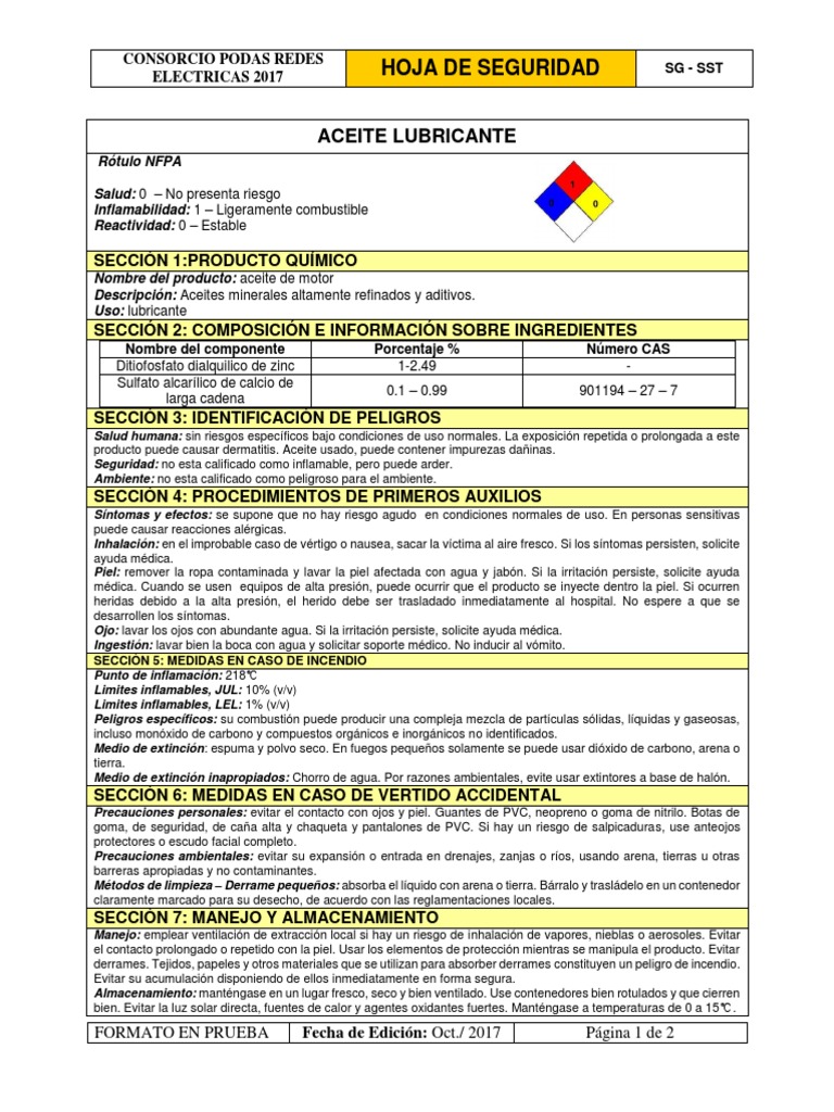Hoja de seguridad para aceite lubricante que describe sus propiedades