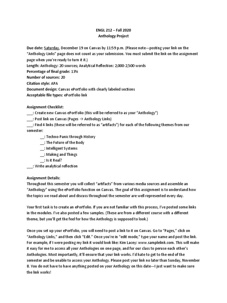 212 F20 Anthology Project | PDF | Citation | Rubric (Academic)
