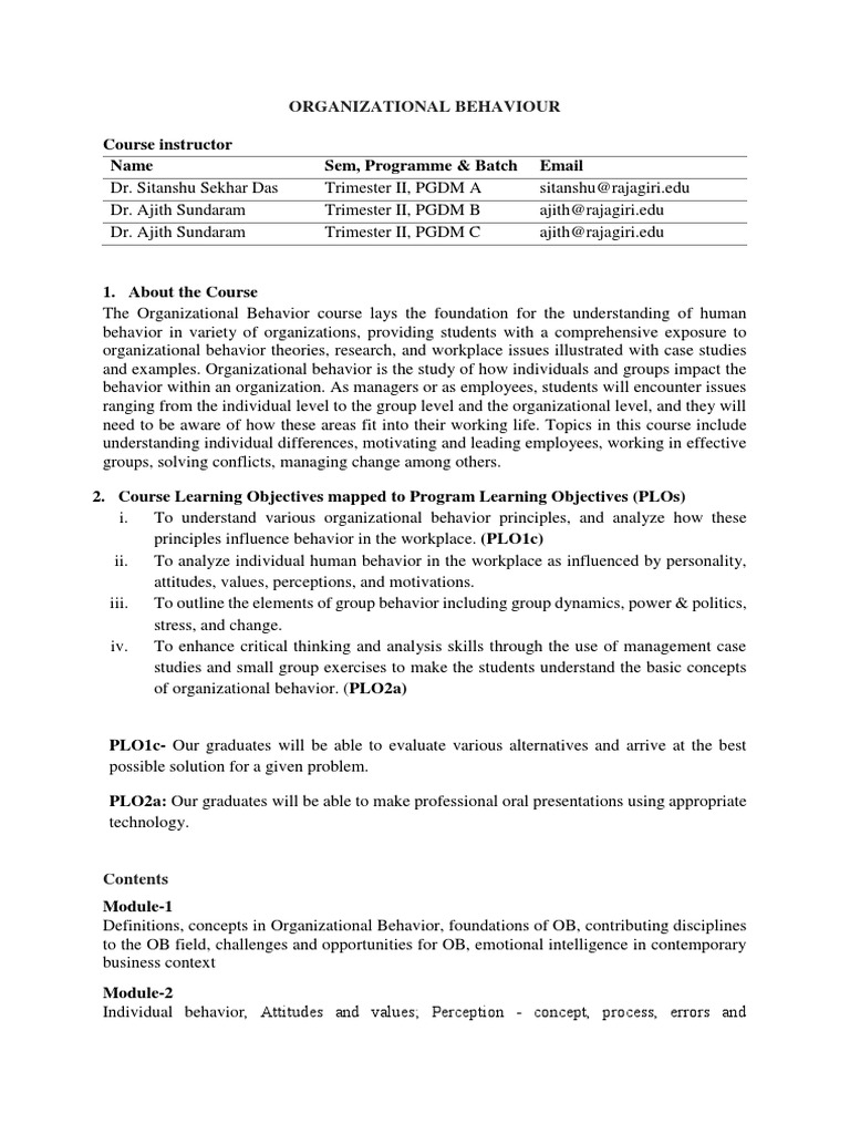 Course Plan | PDF | Organizational Behavior | Attitude (Psychology)
