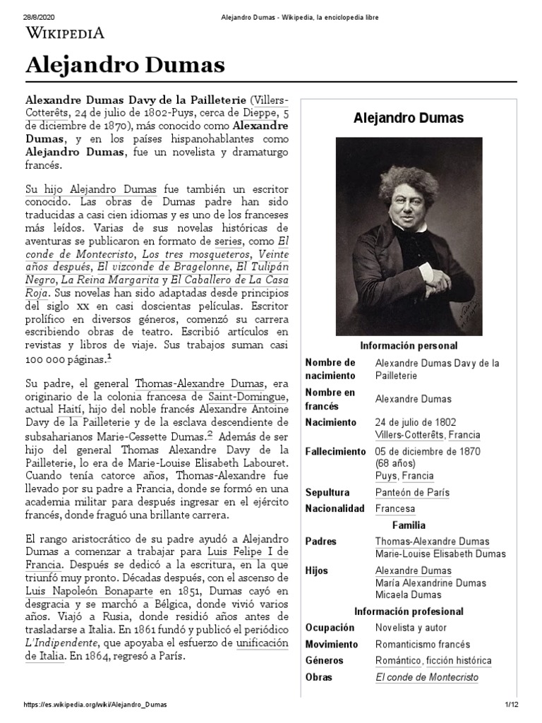Alejandro Dumas - Wikipedia, La Enciclopedia Libre | PDF | Alexandre Dumas