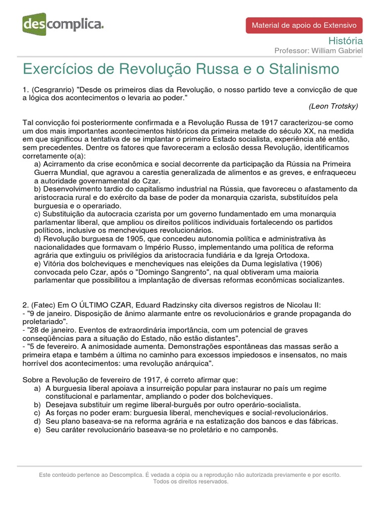 Exercícios sobre Revolução Russa e Stalinismo | PDF | Revolução Russa ...