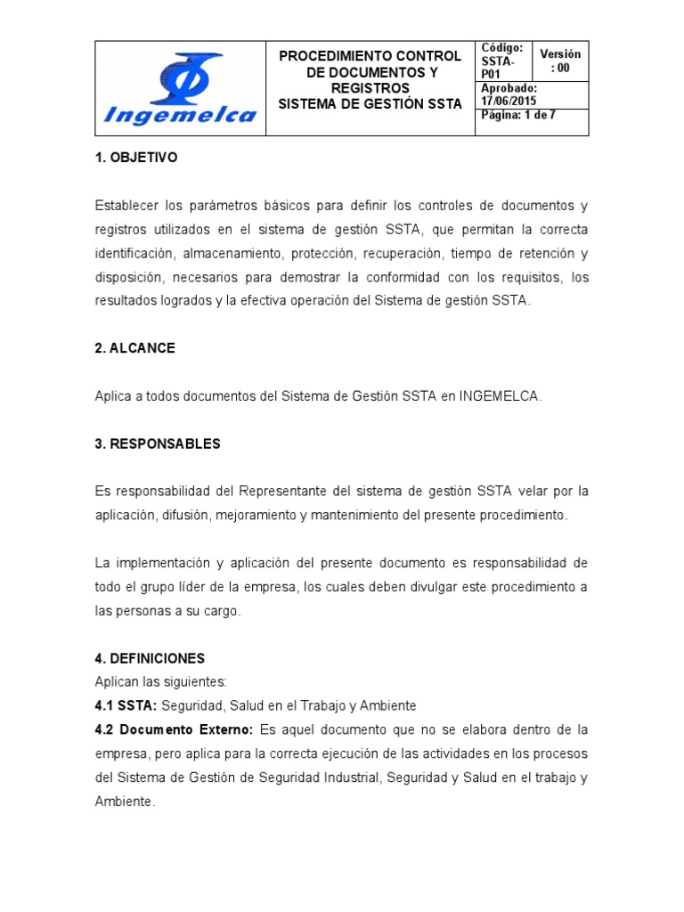 Procedimiento Control de Documentos y Registros | PDF | Documento ...
