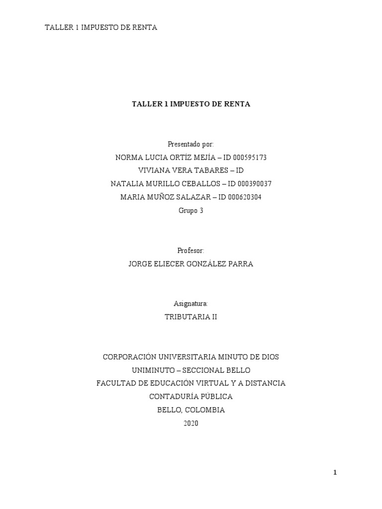 Taller 1 Impuesto de Renta | PDF | Impuesto sobre la renta | Impuestos