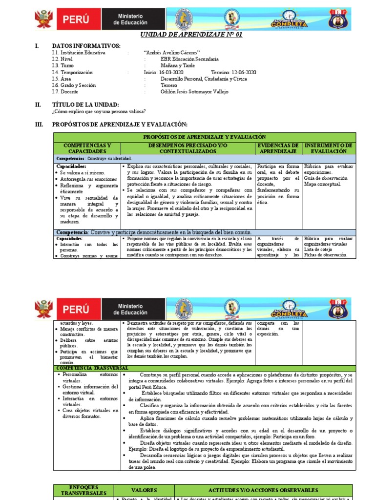 Unidad de Aprendizaje DPCC 3° Secundaria | PDF | Hombre | Aprendizaje