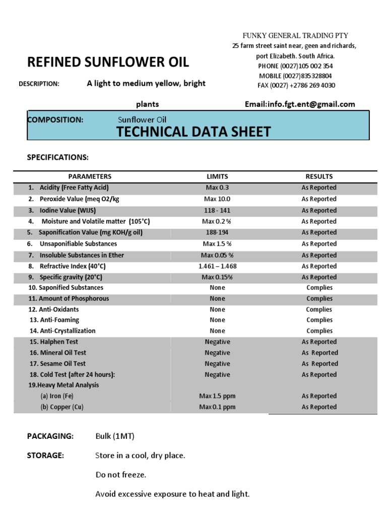 Sunflower Oil Technical Datasheet | PDF | Chemical Substances ...