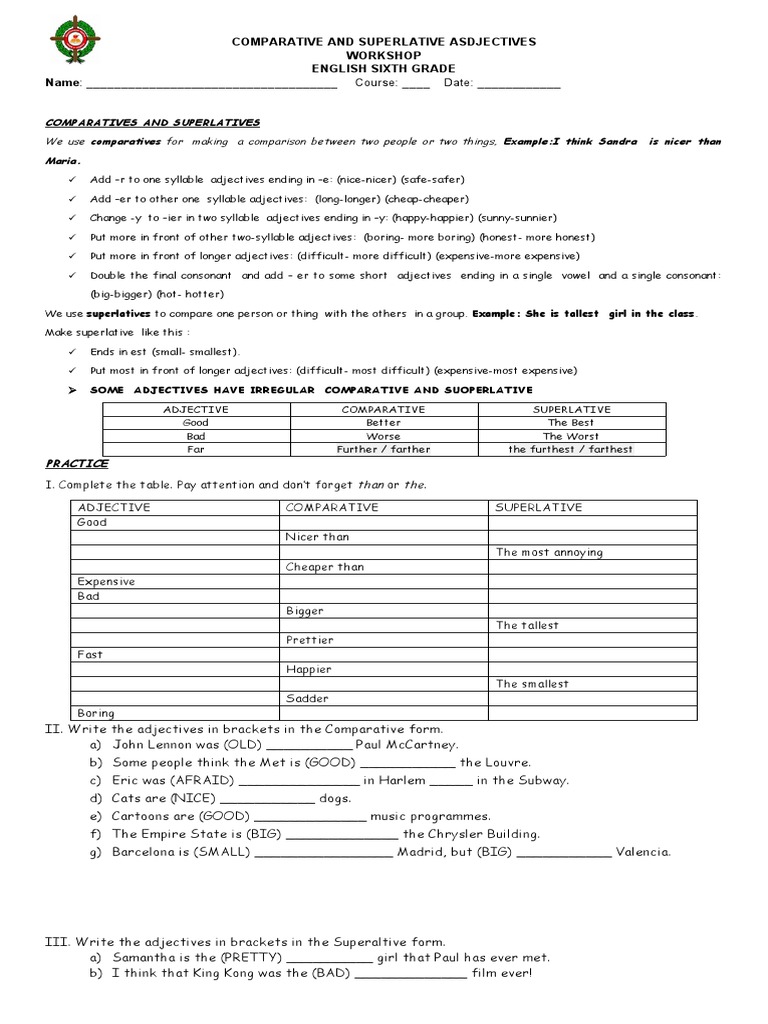 Comparative and Superlative Asdjectives Workshop English Sixth Grade ...