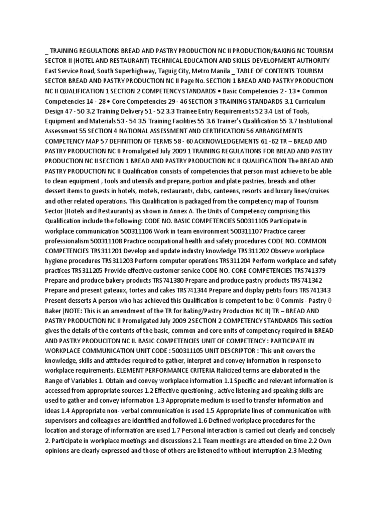 Training Regulations Bread and Pastry Production NC Ii