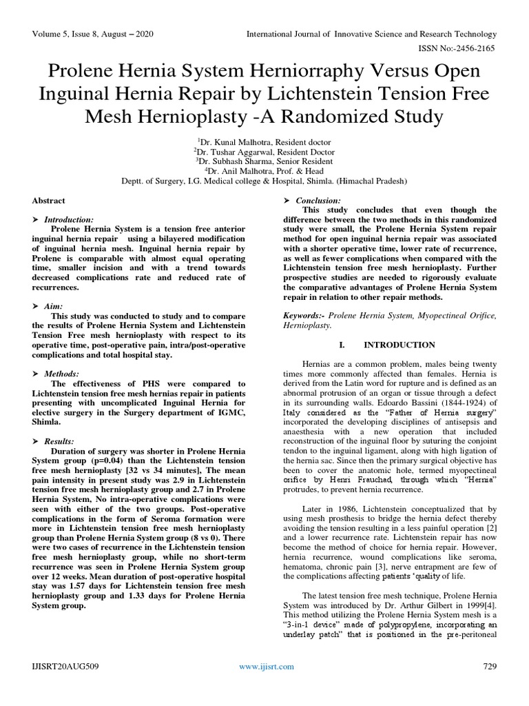 Prolene Hernia System Herniorraphy Versus Open Inguinal Hernia Repair
