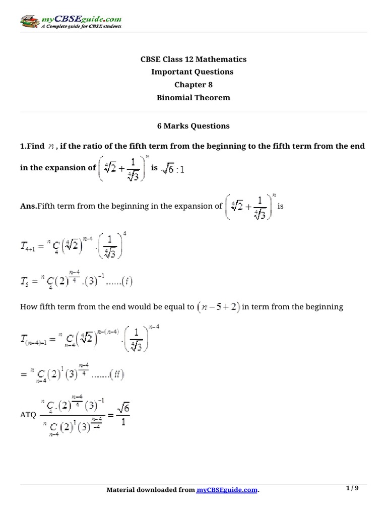 CBSE Class 12 Binomial Theorem Questions | PDF | Combinatorics ...