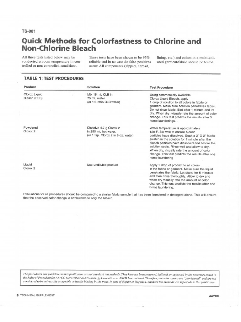 tcc Ts 001 Quick Methods For Colorfastness To Chlorine And Non Chlorine Bleach