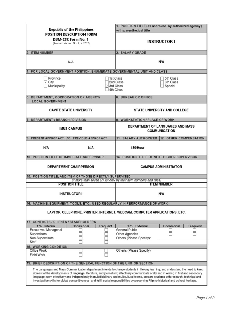 Sample of Position Description Form PDF Competence (Human Resources