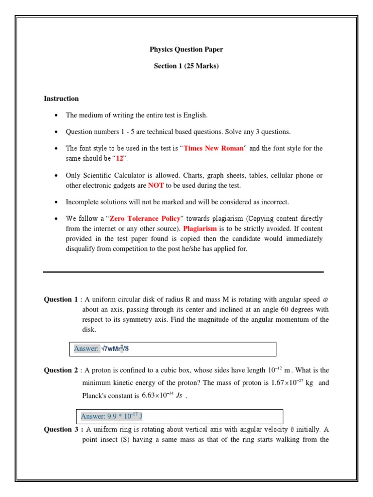 Physics Exam Question Paper 2023 | PDF | Rotation Around A Fixed Axis ...