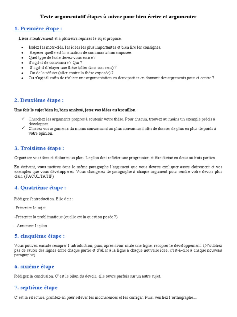 Texte Argumentatif Etapes A Suivre Pour Bien Ecrire Et Argumenter Pdf