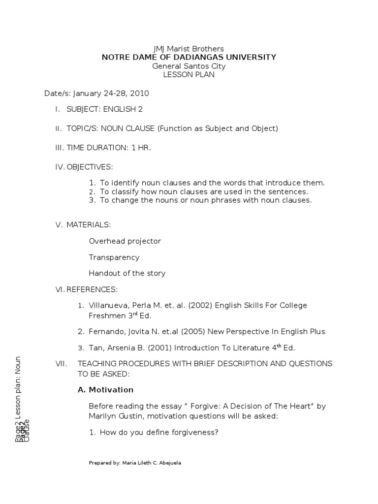 Lesson Plan Noun Clause 2 | PDF | Clause | Object (Grammar)