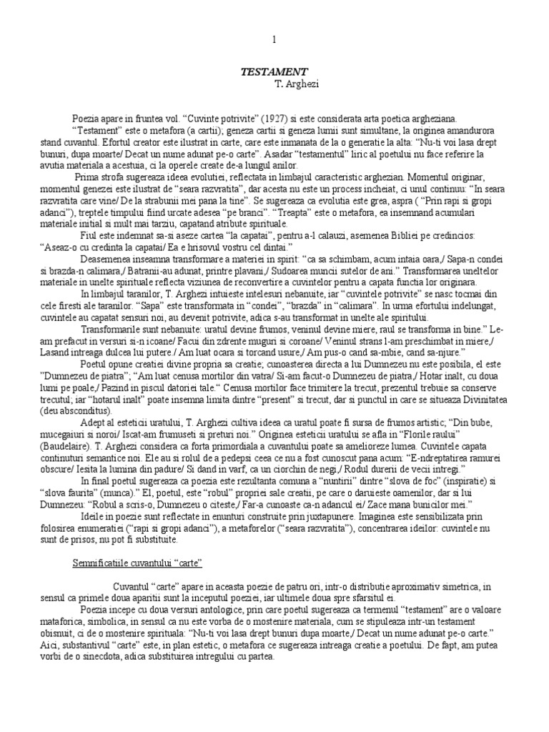 Adam Si Eva De Tudor Arghezi Tudor Arghezi - Testament (Comentariu) | PDF