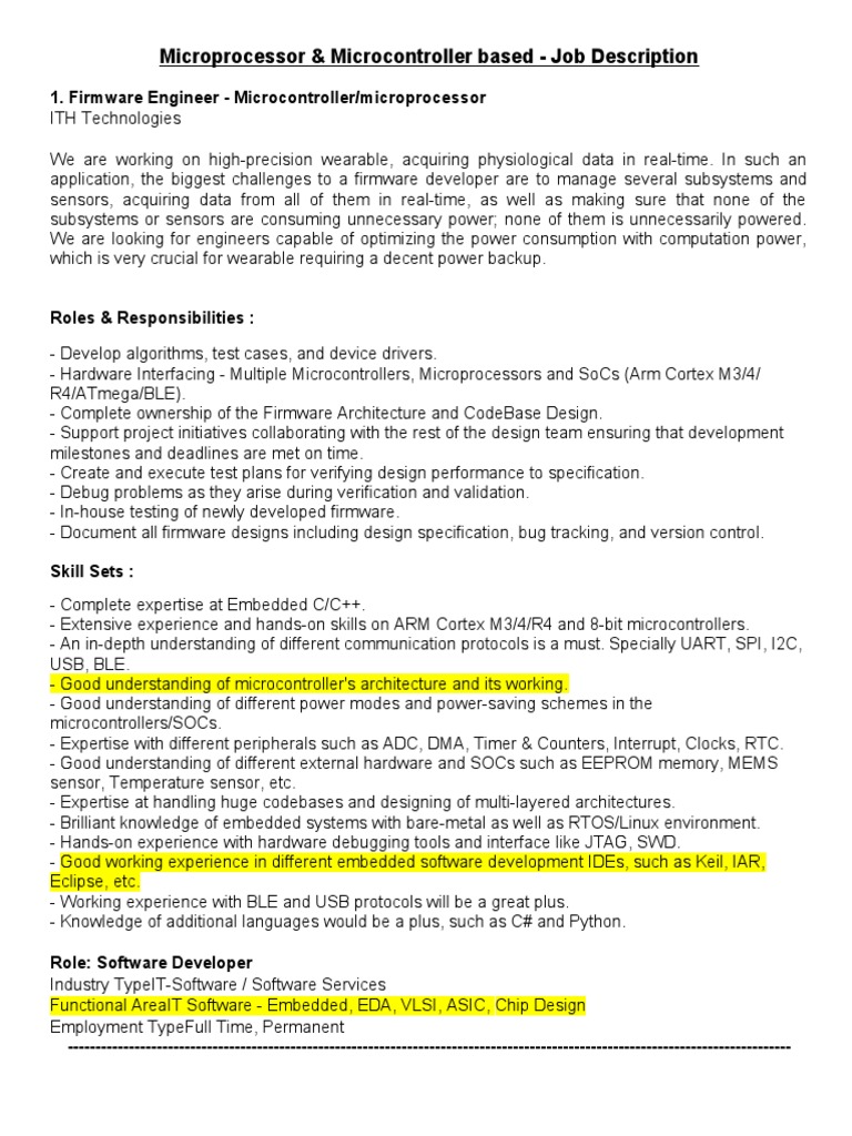 Job Description On MM PDF Embedded System Microcontroller