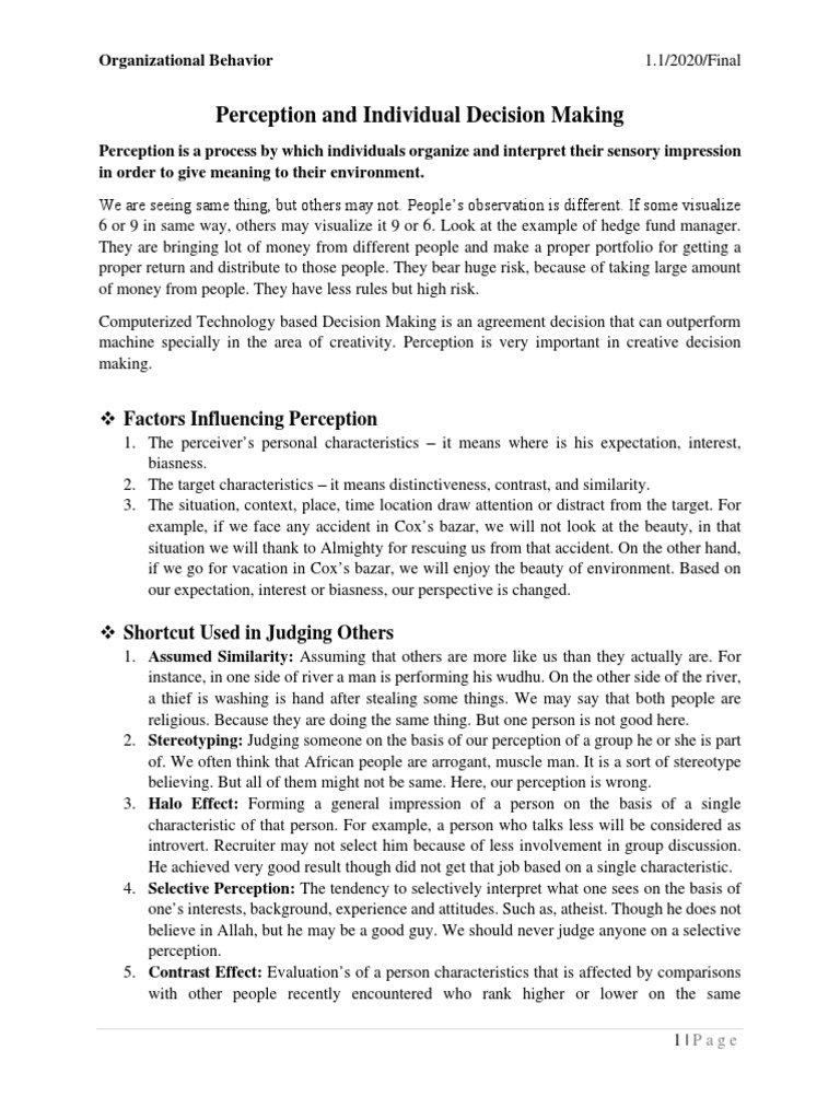 4 2 perception and individual decision making pdf bias decision
