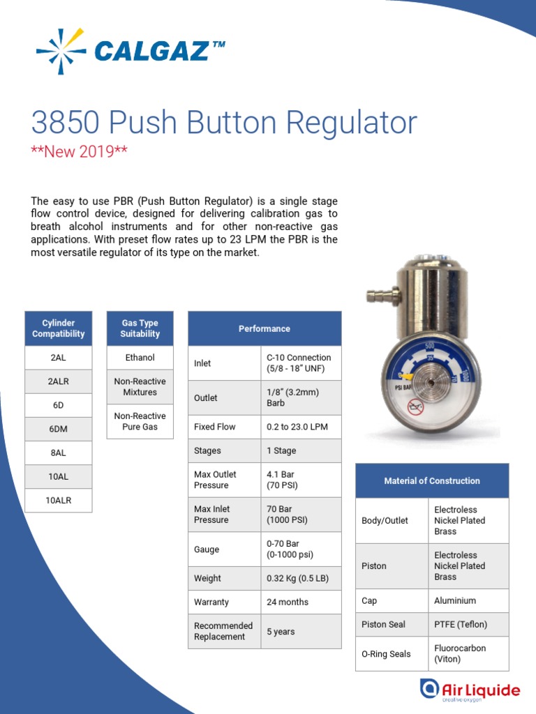 3850 Push Button Regulator: Cylinder Compatibility Gas Type Suitability ...