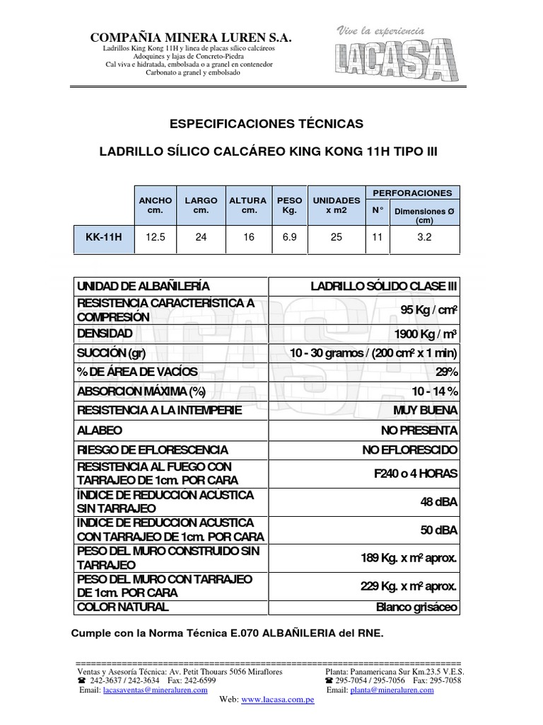 Ladrillo Sílico Calcáreo King Kong 11H | PDF | Elementos ...