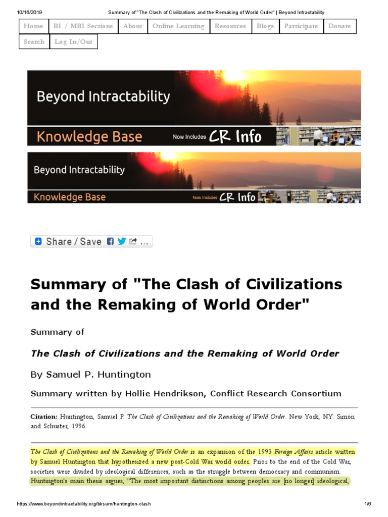 Summary Of The Clash Of Civilizations And The Remaking Of World Order Beyond Intractability Pdf Civilization Politics