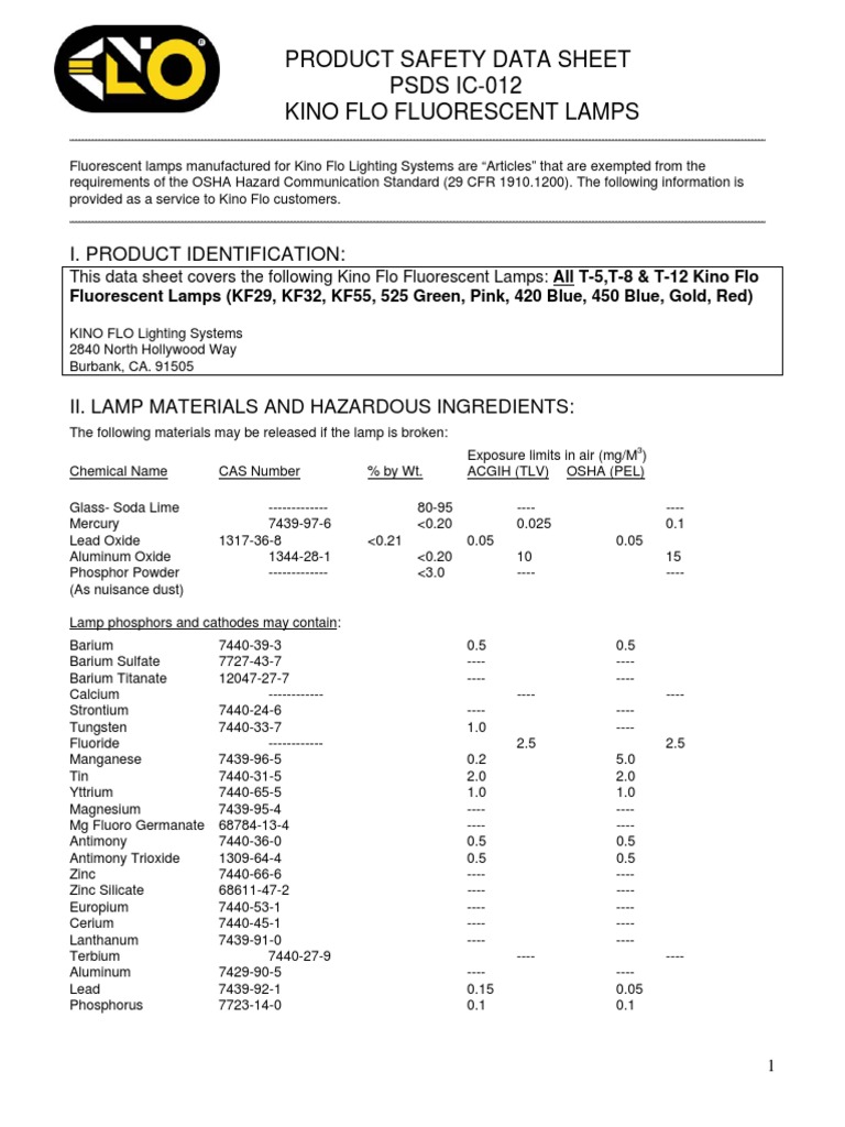 Kino Flo Fluorescent Lamps Safety Data | PDF | Calcium | Fluorescent Lamp