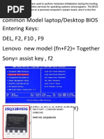 Common Model Laptop/desktop BIOS Entering Keys: DEL, F2, F10, F9 Lenovo New Model (fn+F2) Together Sony Assist Key, f2