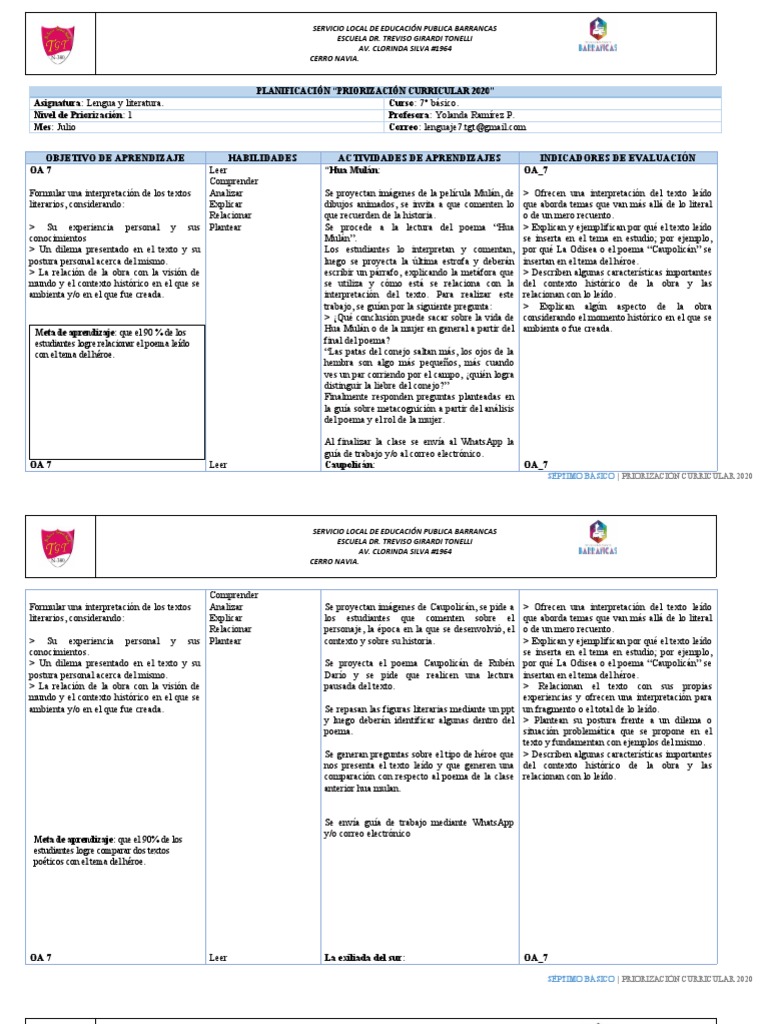 Priorización Curricular Lengua 7° Básico | PDF | Enseñando y aprendiendo