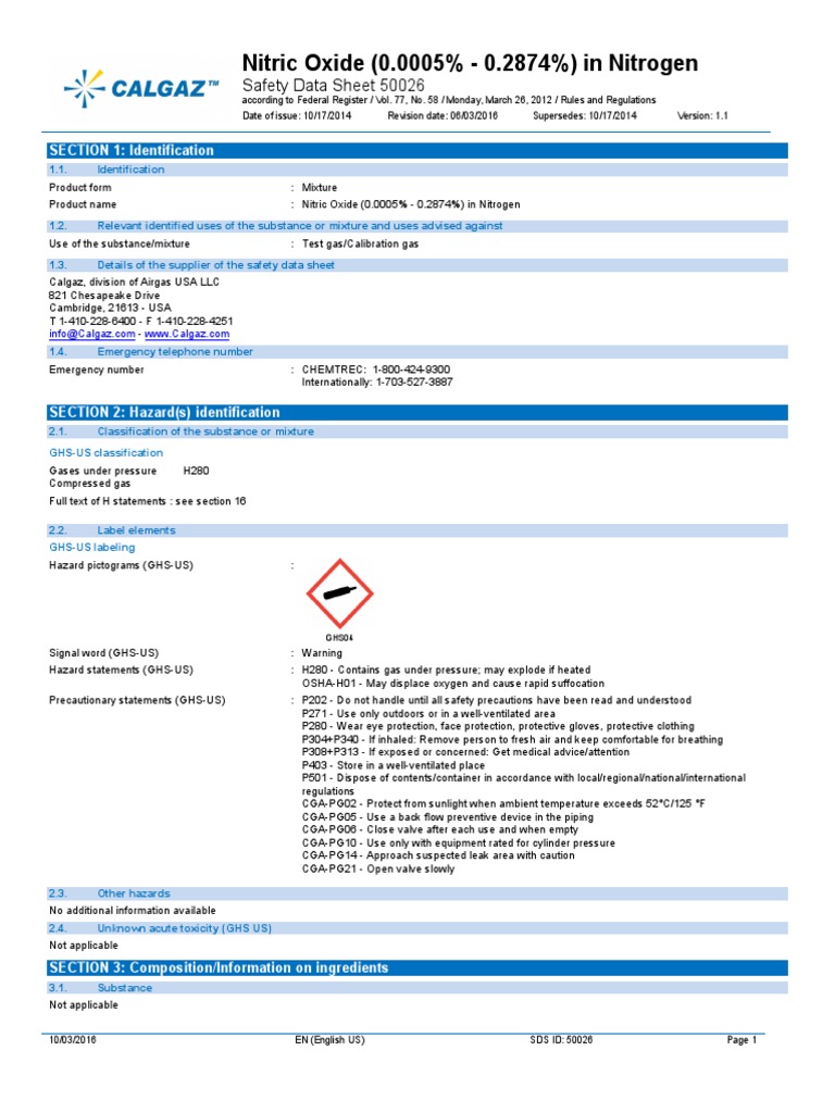 Nitric Oxide (0.0005 0.2874) in Nitrogen Safety Data Sheet 50026