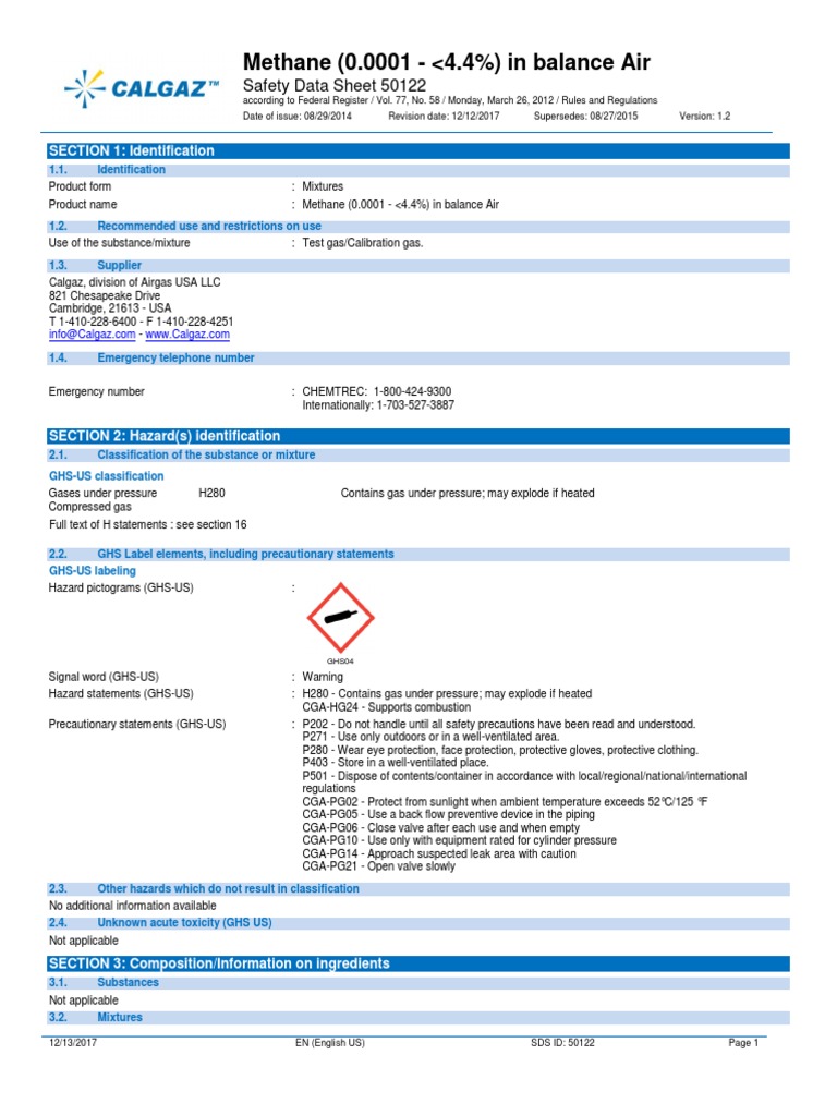 Methane (0.0001 4.4) in Balance Air Safety Data Sheet 50122 PDF