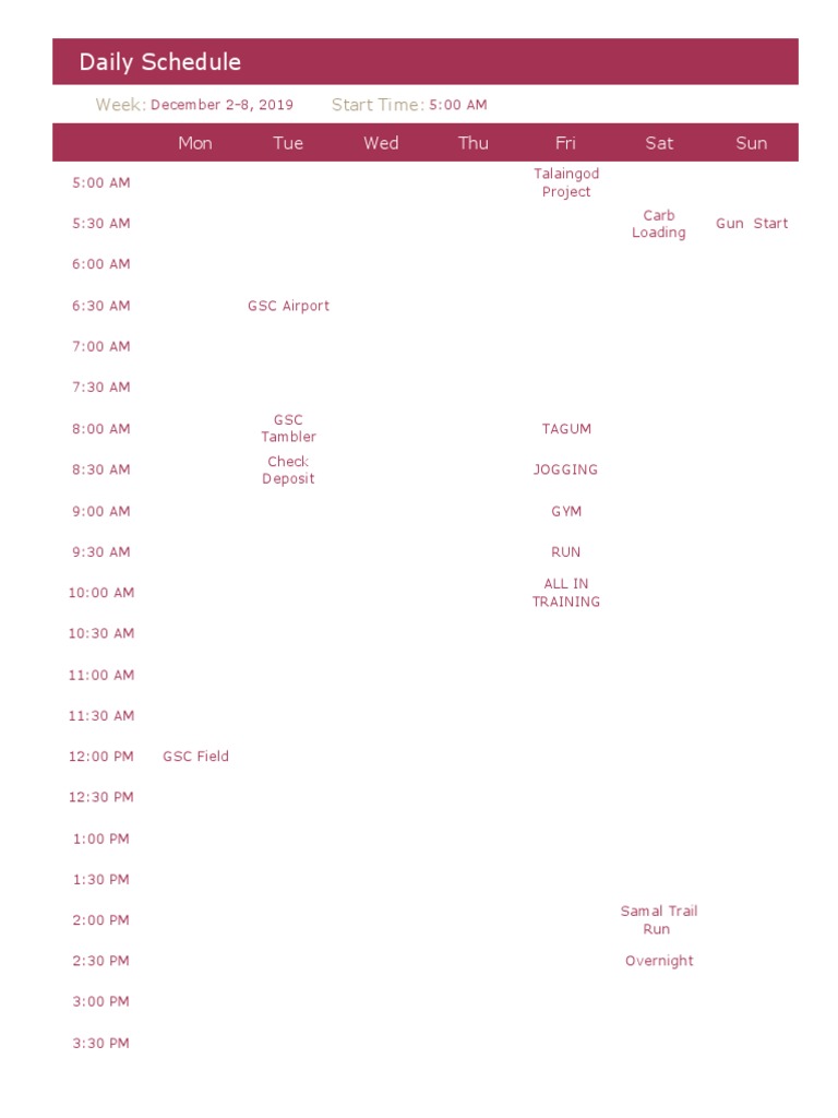 A week long schedule of activities including exercise travel and