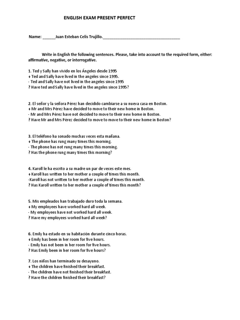 English Exam Present Perfect: Name | PDF | Semantic Units | Syntax