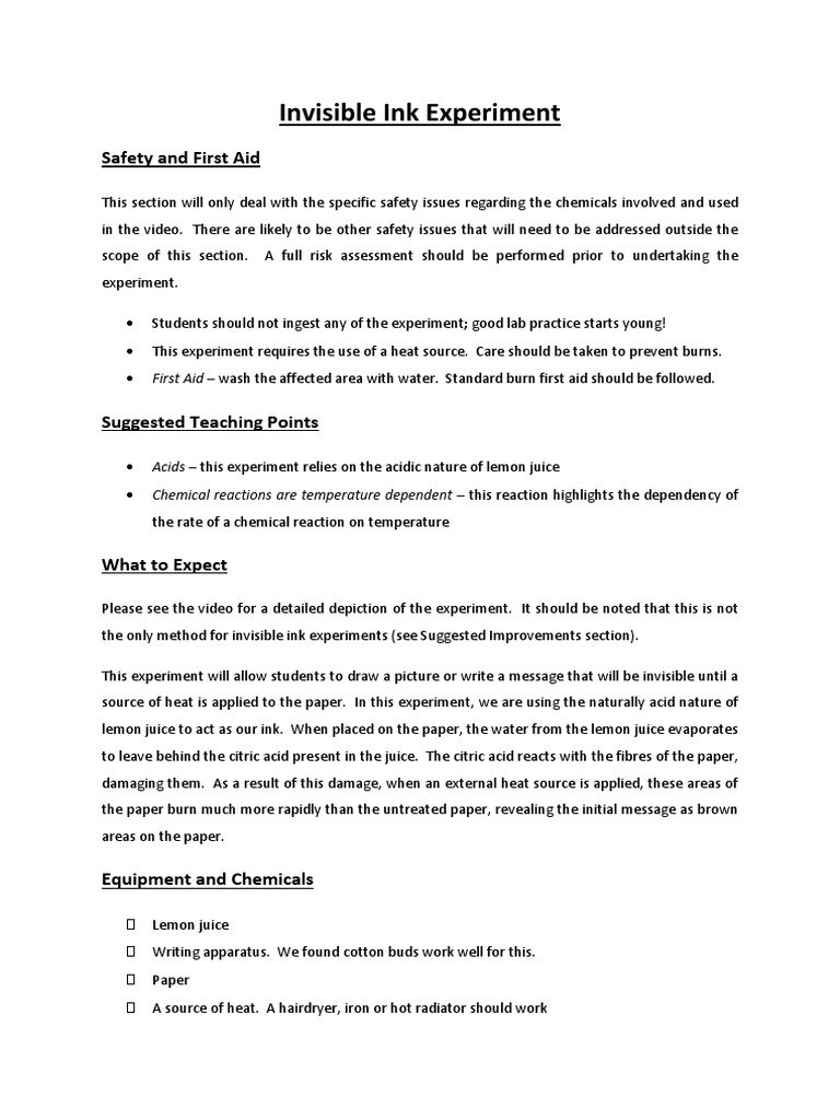 Invisible Ink Experiment: Safety and First Aid | PDF | Experiment | Ink