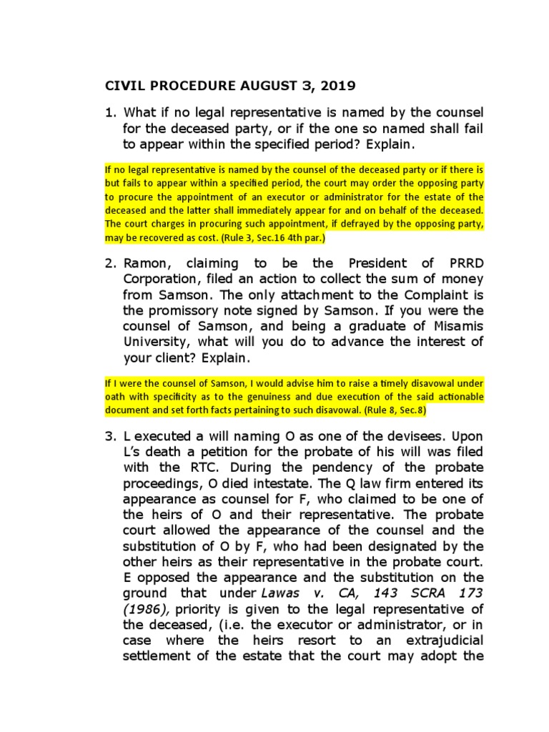 Civil Procedure Exam Q&A Analysis | PDF | Pleading | Lawsuit