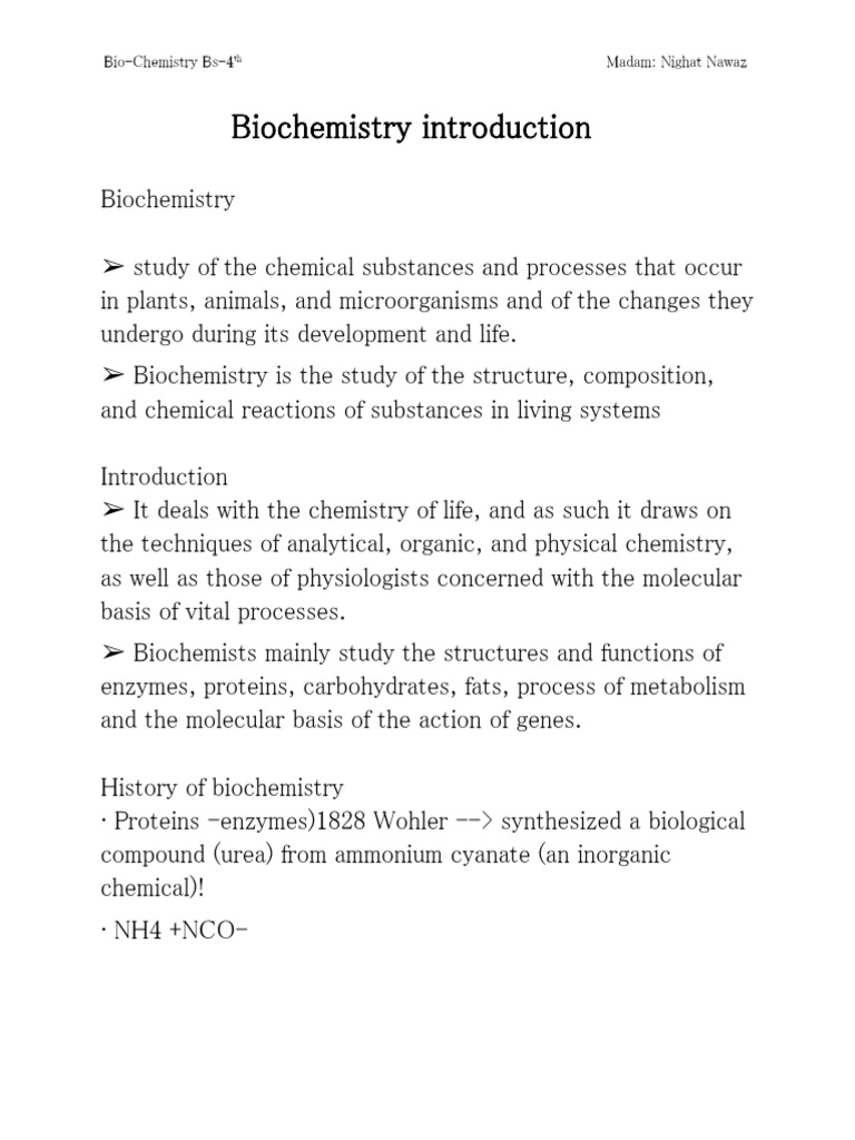 Biochemistry Introduction: Bio-Chemistry Bs-4 Madam: Nighat Nawaz | PDF ...