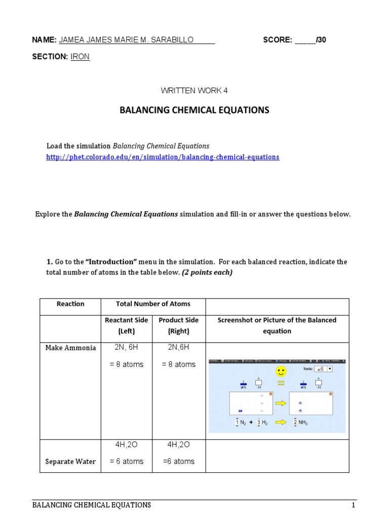 WW4 Phet Simulation Balancing Equations Sarabillo PDF Sets Of Chemical Elements