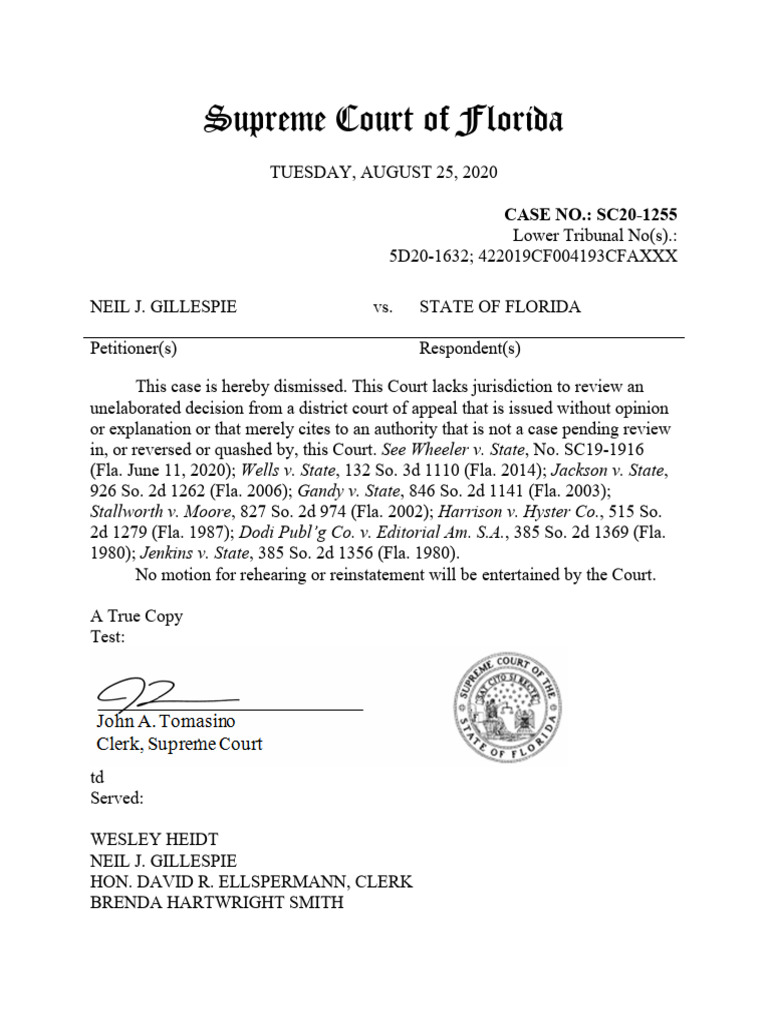 Habeas Corpus Denied 5D201632 Dismissed SC201255 PDF PDF Pro Se