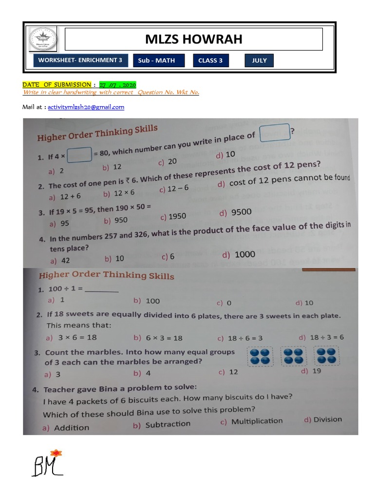 Class 3 Math - Enrichment Worksheet - July | PDF