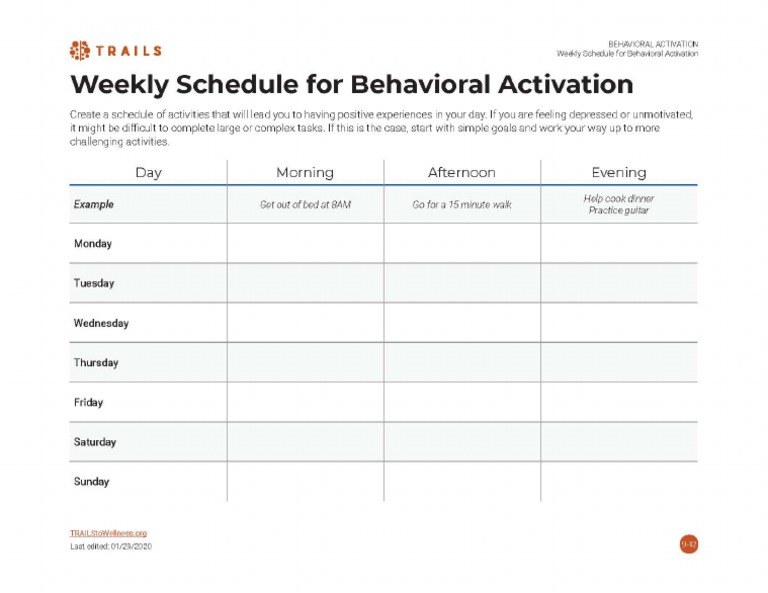 weekly schedule for behavioral activation pdf