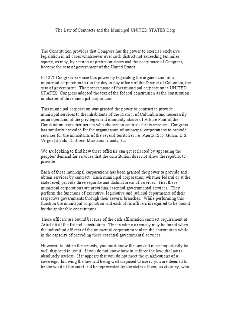 The Law of Contracts and the Municipal UNITED STATES Corp U.S. State