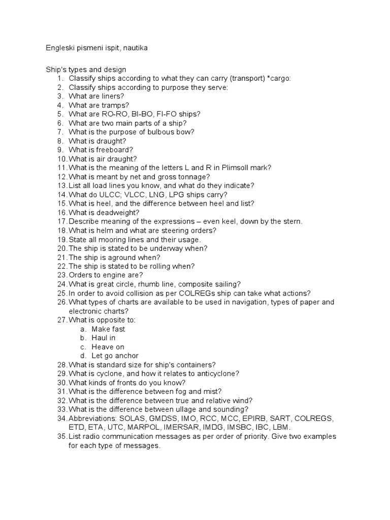 Classification of Ships, Ship Design Features, Navigation Terms and