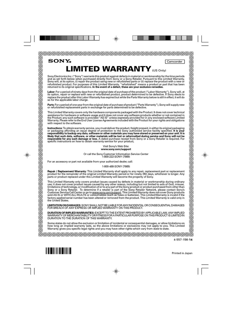Limited Warranty Camcorder (US Only) PDF Implied Warranty Common Law