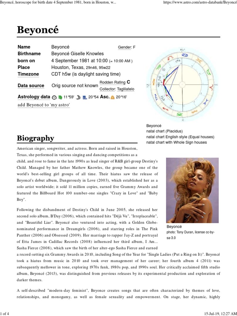 Astro Databank Profile For Beyoncé | PDF | Beyoncé | Contemporary R&B