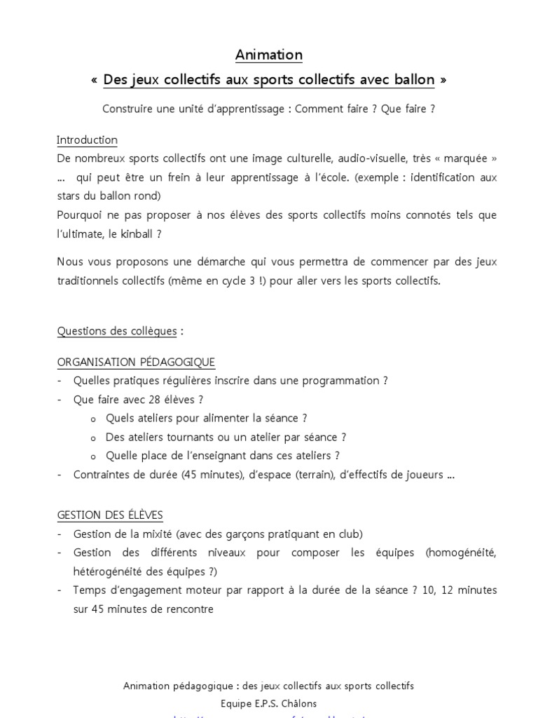 Compte Rendu Animation Pdf Des Sports Education Physique
