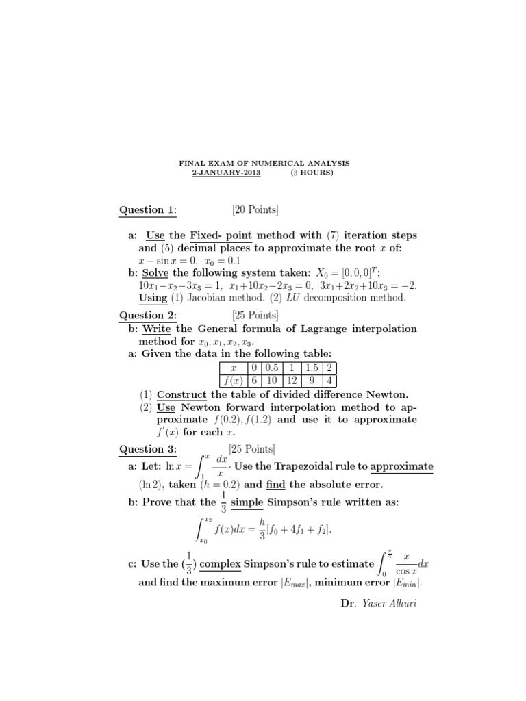 Final Exam of Numerical Analysis 2-JANUARY-2013 (3 HOURS) | PDF