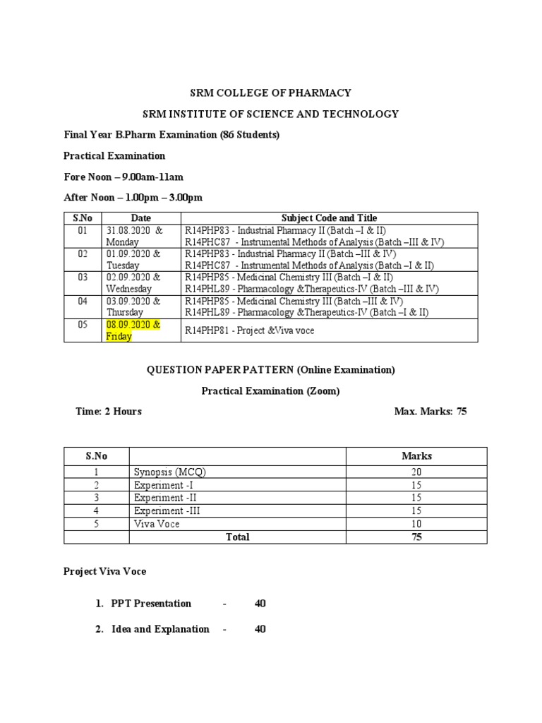 Final Year Examination SRMCP PDF Pharmacology Pharmacy