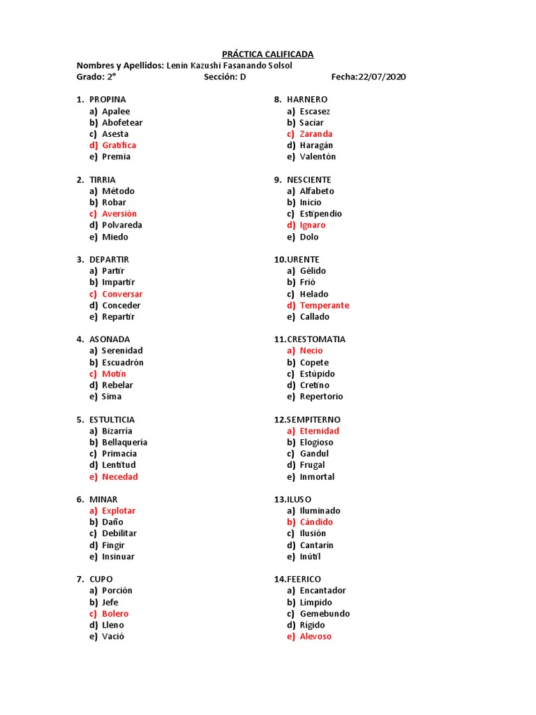 Práctica Calificada de Sinonimos | PDF