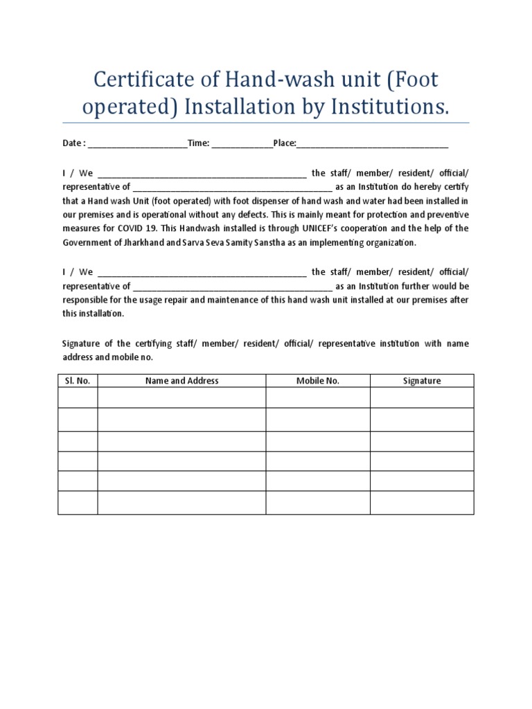Certificate of Handwash Unit | PDF