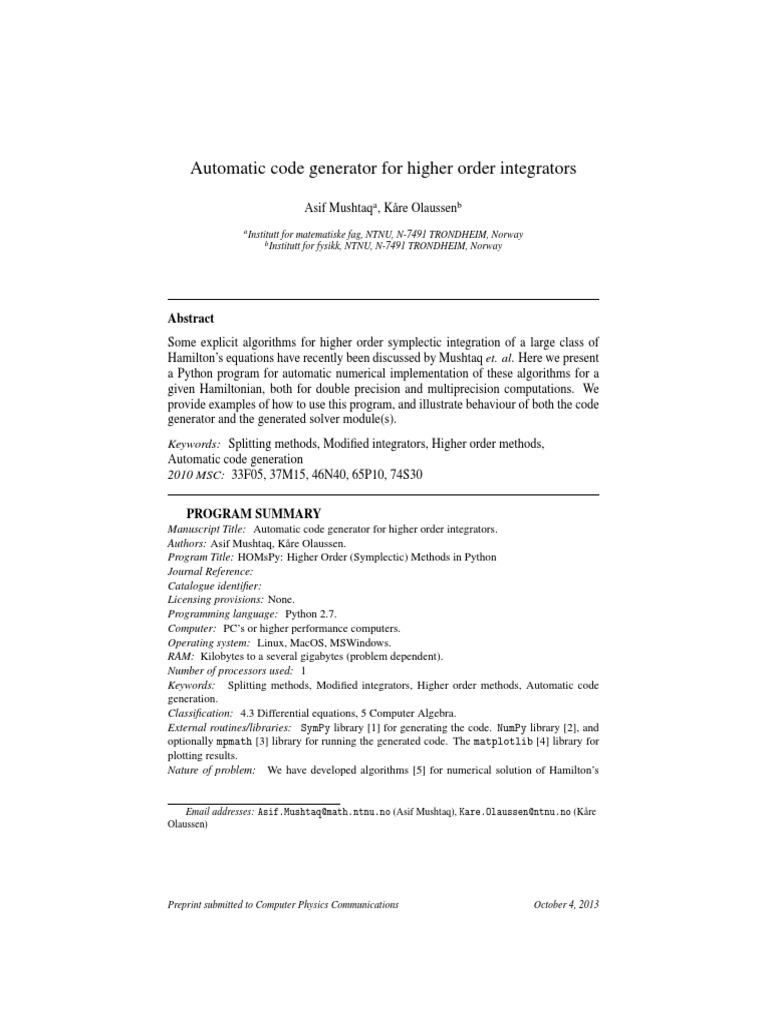 Automatic Code Generator | PDF | Hamiltonian Mechanics | Subroutine