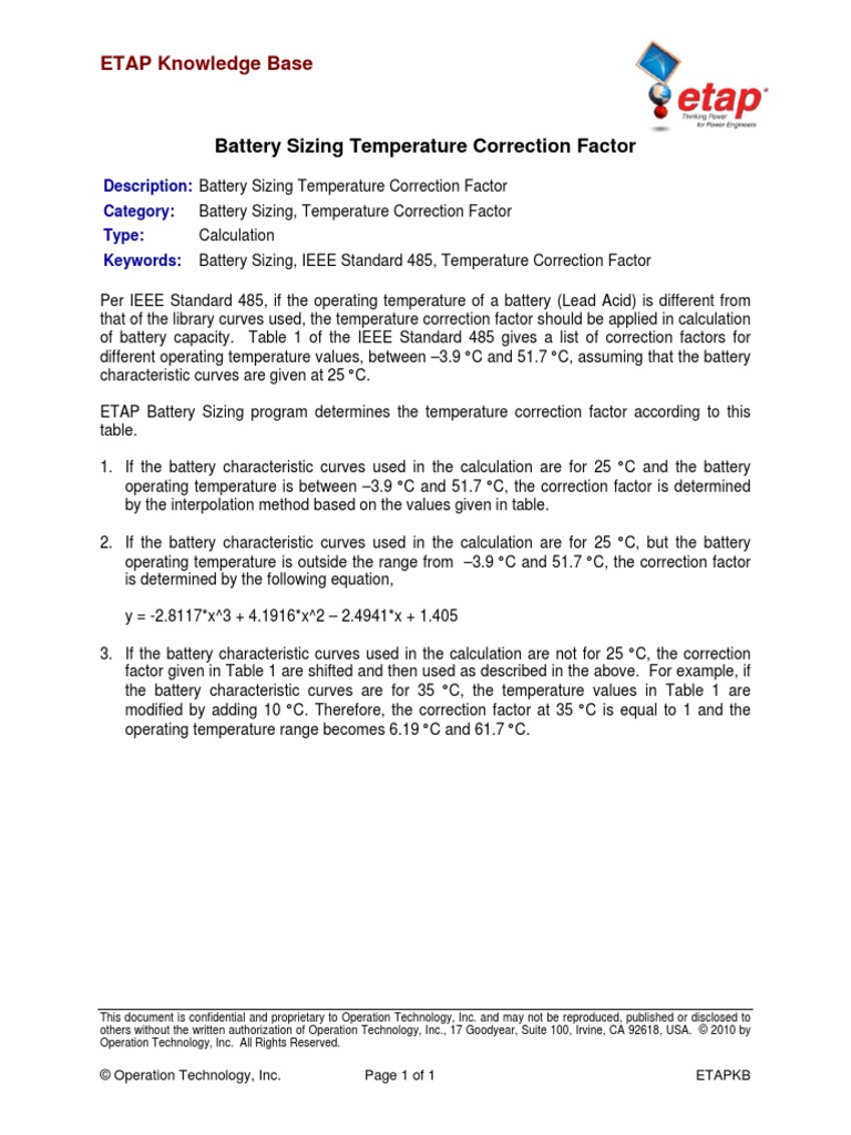 Battery Sizing Temperature Correction Factor PDF PDF